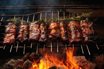 ribs on skewers, roasting over open flames, created with generative ai