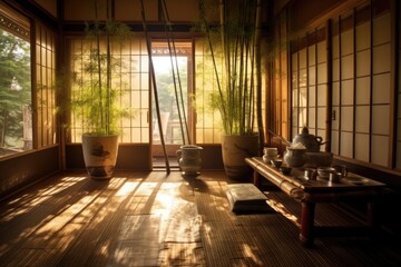 sunlight filtering through bamboo during tea ceremony, created with generative ai