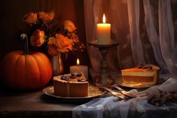 Fototapeta na wymiar sliced pumpkin pie next to a lit candle for a cozy atmosphere, created with generative ai
