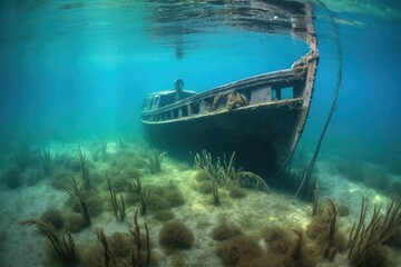 sunken boat visible beneath clear water, created with generative ai