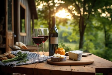 wine and cheese set on rustic wooden table in a beautiful outdoor setting, created with generative ai