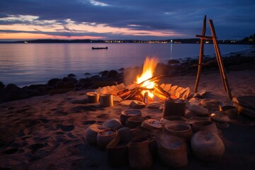 beach bonfire with a clam bake setup nearby, created with generative ai