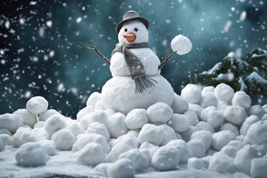 snowman with snowball pile ready for a snowball fight, created with generative ai