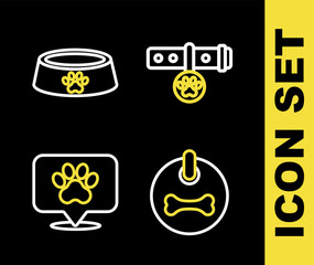 Set line Collar with name tag, Dog collar, Location veterinary hospital and Pet food bowl icon. Vector