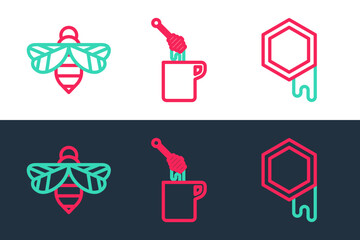 Set line Honeycomb, Bee and dipper stick with honey icon. Vector