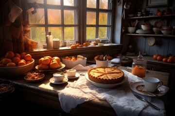 Obraz na płótnie Canvas pumpkin pie in cozy kitchen setting, created with generative ai