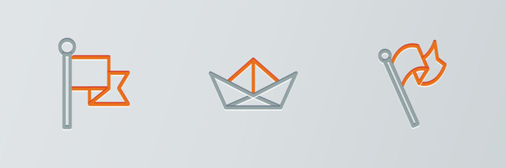 Set line Flag, and Folded paper boat icon. Vector