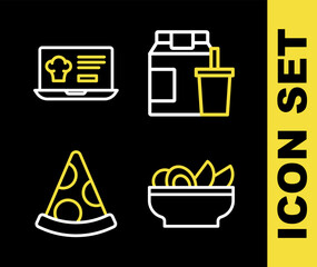Set line Online ordering and delivery, Nachos plate, Slice of pizza and icon. Vector