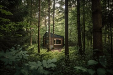 tiny home in a secluded forest, surrounded by nature, created with generative ai