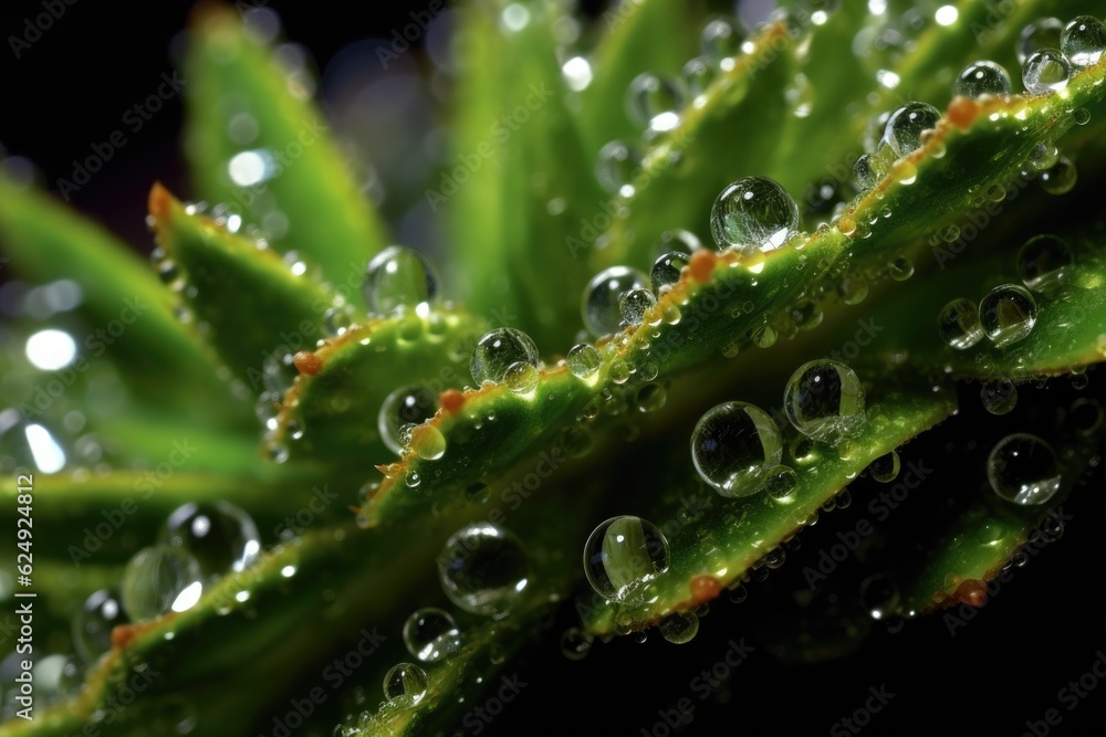 Poster macro shot of water droplets on cactus spines, created with generative ai