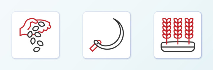 Set line Wheat, Seed and Sickle icon. Vector