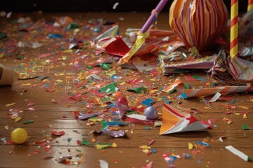 broken pinata on the ground, candy spilling out, created with generative ai