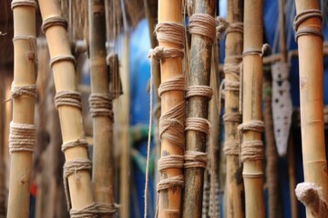 close-up of bamboo poles tied together with ropes, created with generative ai - obrazy, fototapety, plakaty