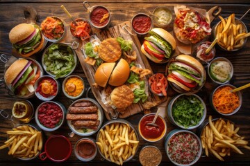overhead view of different burger toppings on table, created with generative ai - obrazy, fototapety, plakaty
