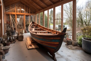Fototapeta na wymiar completed wooden boat in outdoor workshop, created with generative ai