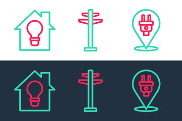 Set line Electric plug, Smart house and light bulb and tower icon. Vector