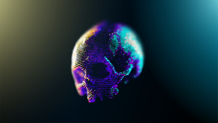Skull on a dark background, backlit. Depth of field. Digital dot skull.