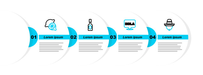 Set line Mexican sombrero, Hola, Tabasco sauce and Lime icon. Vector © vector_v