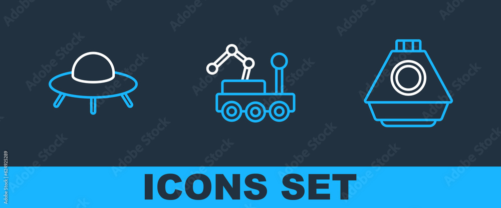 Poster set line space capsule, ufo flying spaceship and mars rover icon. vector