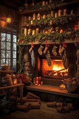 Fototapeta premium cozy fireplace with stockings and garland, created with generative ai