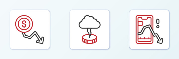 Set line Mobile stock trading, Dollar rate decrease and Storm icon. Vector
