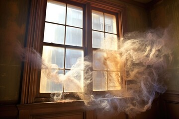 wispy smoke tendrils reaching out from a window into the sky, created with generative ai