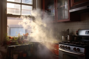 steamy smoke escaping a kitchen window, created with generative ai
