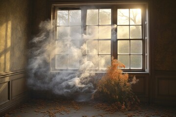 thin wisps of smoke floating from a window in a serene, countryside setting, created with generative ai