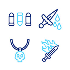 Set line Sword for game, Necklace amulet, with blood and Bullet icon. Vector