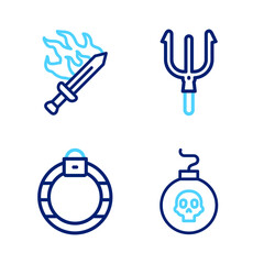 Set line Bomb ready to explode, Magic stone ring, Neptune Trident and Sword for game icon. Vector