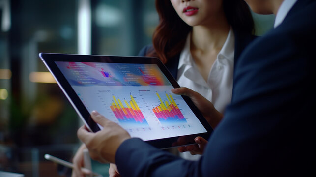 Asian executives engaged in chart analysis