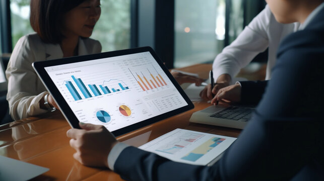 Asian executives engaged in chart analysis