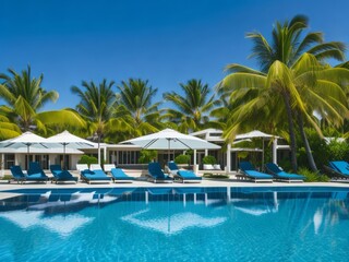 Fototapeta na wymiar Luxurious swimming pool and loungers umbrellas near beach and sea with palm trees and blue sky. Generative AI 