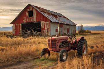 broken tractor near old barn in rural landscape, created with generative ai