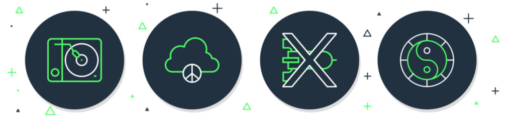 Set line Peace cloud, No war, Vinyl player and Yin Yang symbol icon. Vector