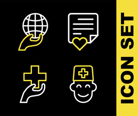 Set line Envelope with heart, Male doctor, Heart cross and Hand holding Earth globe icon. Vector