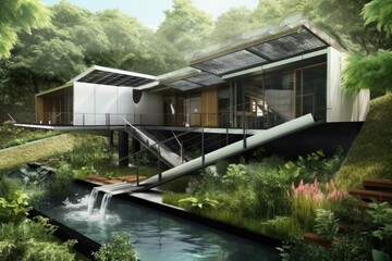 Fototapeta na wymiar sustainable home with rainwater harvesting technology, created with generative ai