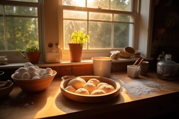 bowl of dough with sunlight streaming in, created with generative ai