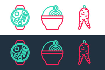 Set line Ginseng root, Ramen and icon. Vector