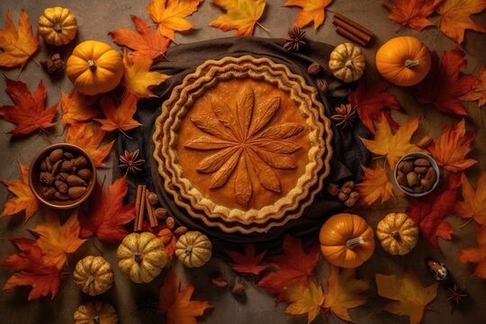 pumpkin pie with autumn leaves decoration, created with generative ai