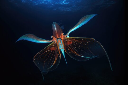 vampire squid with tentacles spread in the abyss, created with generative ai