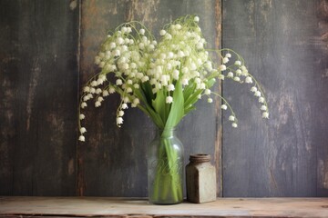 lily of the valley bouquet with a rustic background, created with generative ai