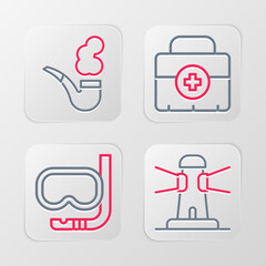 Set line Lighthouse, Diving mask and snorkel, First aid kit and Smoking pipe icon. Vector