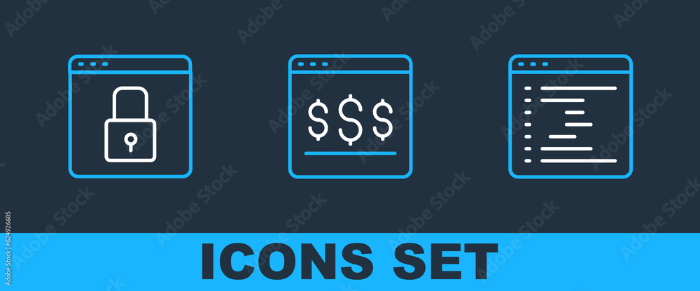 Poster Set line Browser window, Secure your site with HTTPS, SSL and Online shopping on screen icon. Vector