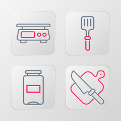 Set line Cutting board and knife, Jam jar, Barbecue spatula and Electronic scales icon. Vector