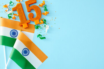 India Independence Day celebration theme for a party. Top view photo of indian flags, number 15...