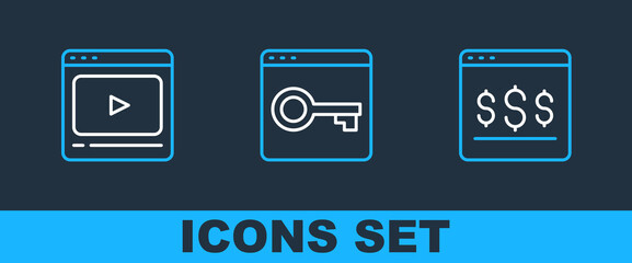 Set line Online shopping on screen, play video and Secure your site with HTTPS, SSL icon. Vector