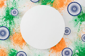 Have a fantastic India republic Day. Top view composition of green and saffron powder splashes, ashoka wheels on white background with blank circle for advert or text - Powered by Adobe