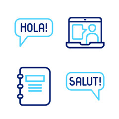 Set line Salut in different languages, Notebook, Foreign online study and Hola icon. Vector © vector_v