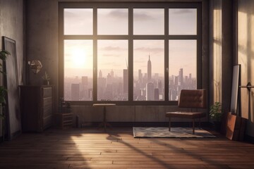 minimal room with a large window and cityscape view, created with generative ai